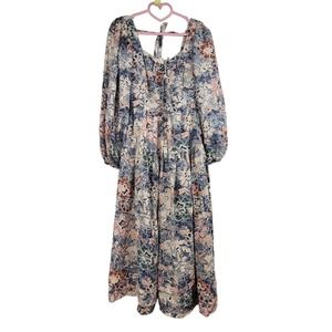 Moon River Anthropologie Tiered Midi Dress Puff Sleeve Floral Boho Multi Sz XS